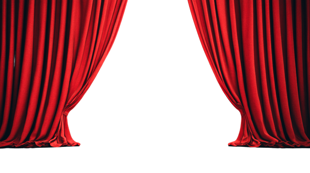 Open red stage curtain, theater draped fabric , cut out transparent png