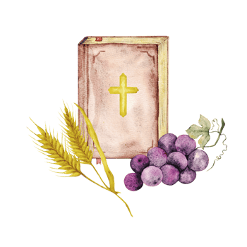 Bible, bunch of grapes and ears of wheat. Watercolor illustration. Hand drawn. Isolated. For first communion, baptism, wedding greeting cards, invitation. Save the date, anniversary, birthday party png
