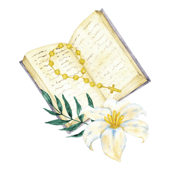 Open Bible, rosary and white lily. Hand drawn watercolor illustration. For first communion, baptism, wedding greeting cards, invitation, save the date and celebration, anniversary and birthday party png