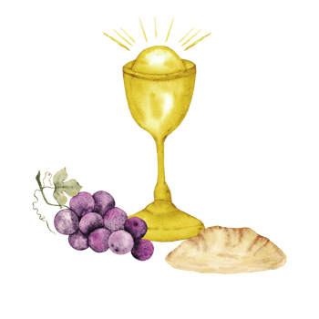 Watercolor composition with catholic religious symbols. Chalice, bunch of grapes, bread isolated. For first communion, wedding, baprism greeting card, invitation png