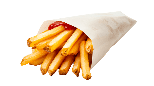 French fries in paper bag with ketchup, isolated, fast food, cut out transparent png