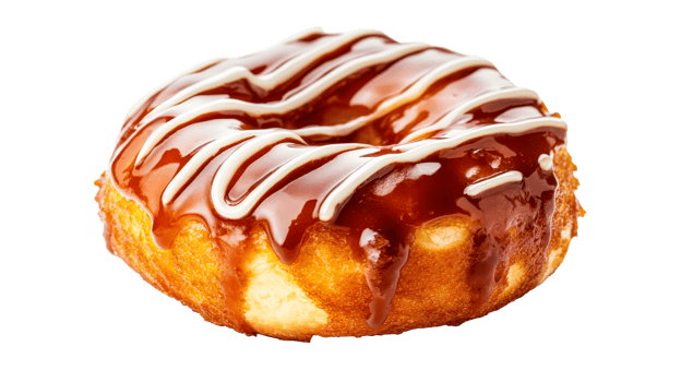 Glazed donut with caramel and white icing, cut out transparent png