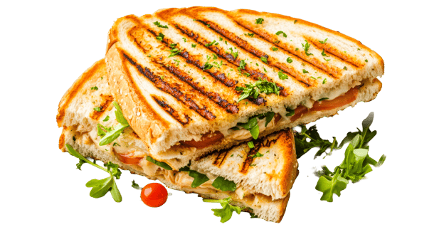 Grilled panini sandwich with greens and tomato, cut out transparent png