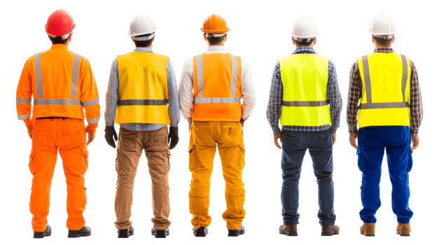 Back view workers in uniforms and helmets standing, cut out transparent png