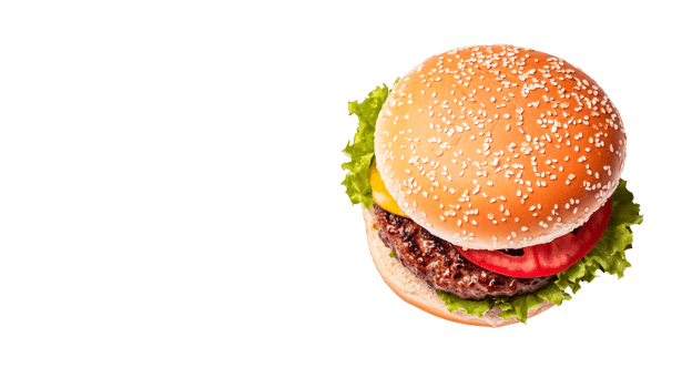 Delicious sesame burger with beef, cheese, tomato, lettuce, cut out transparent png