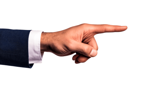 Hand pointing gesture in suit, direction indication, cut out transparent png