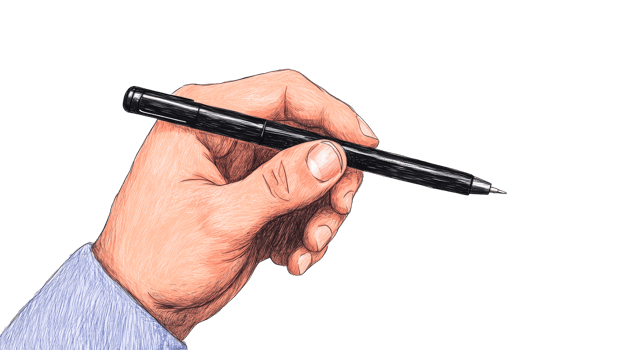 Hand holding a pen ready to write on transparent background, cut out transparent png
