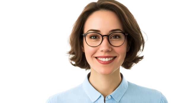 Smiling woman with eyeglasses, charming expression, professional attire, cut out transparent png