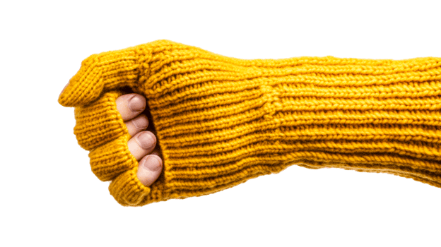 Clenched fist wearing knitted sweater, warm garment gesture, cut out transparent png