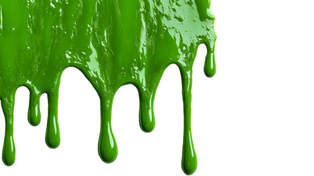 Dripping green slime goo, flowing down, wet, shiny and vibrant, cut out transparent png