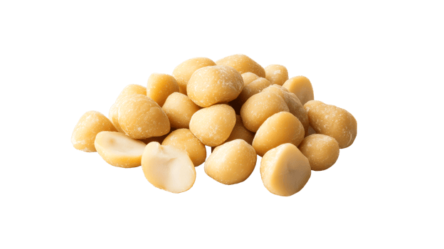 Macadamia nuts pile, whole and halved, on black background, cut out transparent png