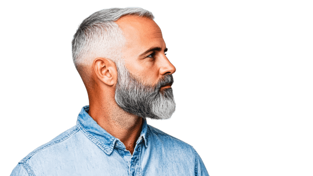 Mature man with a gray beard in denim shirt, cut out transparent png