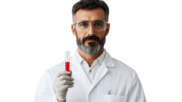 Researcher holds test tube with red liquid, cut out transparent png