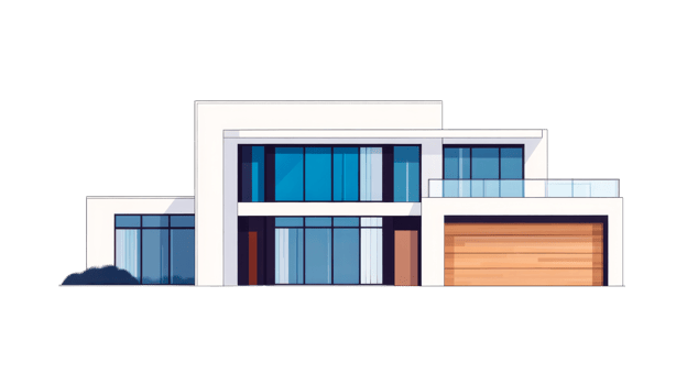 Modern minimalist house design with large windows, flat roof, cut out transparent png