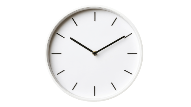 Simple white wall clock, telling time, clean design, cut out transparent png