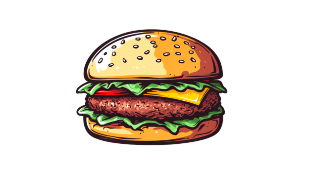 Delicious burger with sesame bun, cheese, tomato, lettuce, cut out transparent png