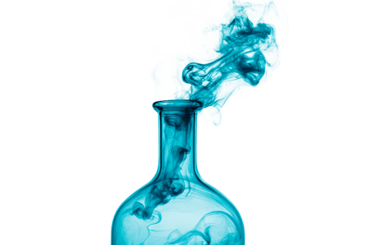 Blue liquid substance inside glass bottle flowing upward, cut out transparent png