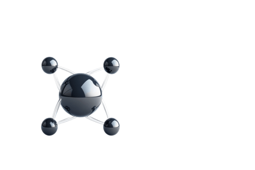 Molecular structure with black spheres, connection symbol, cut out transparent png