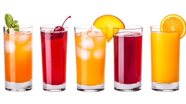 Colorful cocktails assorted on black background, cut out transparent png