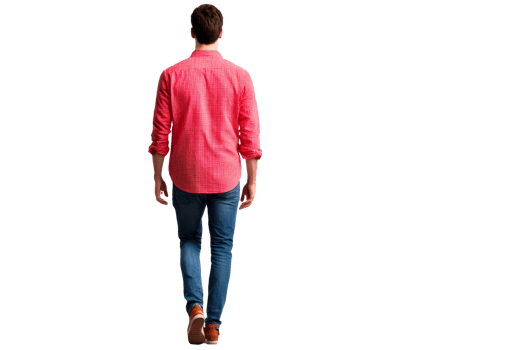 Back view of man in shirt and jeans walking, cut out transparent png