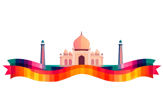 Eastern architecture with towers and a ribbon in bright colors, cut out transparent png