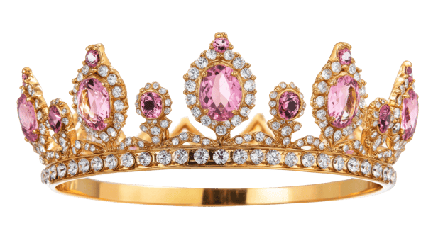 Gold crown with pink gemstones and diamonds, cut out transparent png