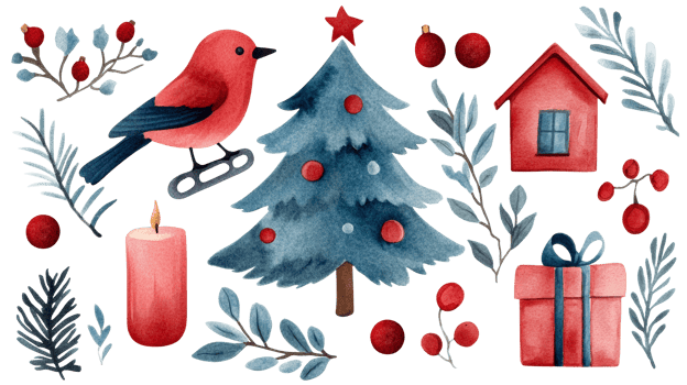 Watercolor Christmas Ornaments Decorations, Winter Elements, cut out transparent png
