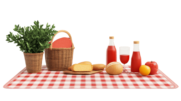 Picnic setup with basket, food, and drinks on tablecloth, cut out transparent png