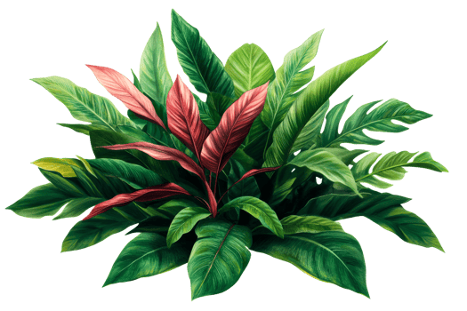 Lush tropical foliage with red accents, botanical illustration, cut out transparent png