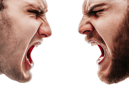 Two men screaming at each other in anger, rage, and frustration, cut out transparent png