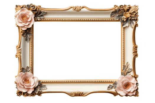 Ornate floral frame in white and gold, cut out transparent png
