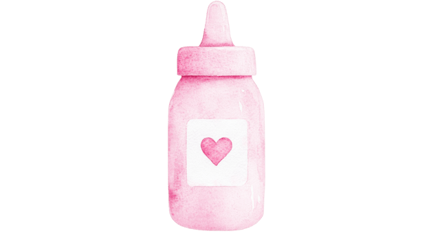 Baby bottle painted with heart pattern for newborn girl, cut out transparent png