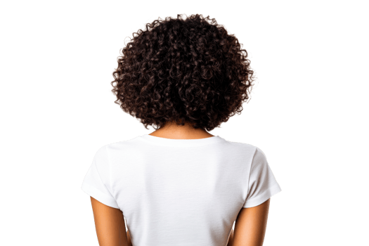 Rear view of a woman with curly hair in white t-shirt, cut out transparent png