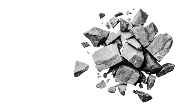 Black and white composition of rocks and fragments, cut out transparent png