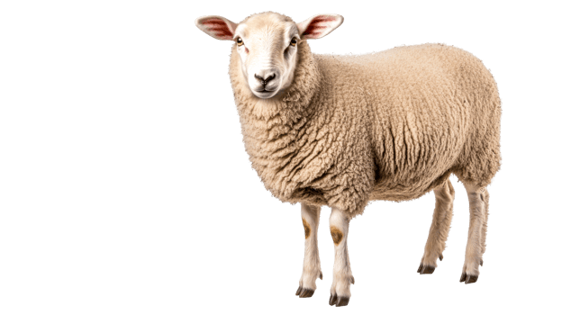 Sheep stands calmly looking forward, studio animal portrait, cut out transparent png