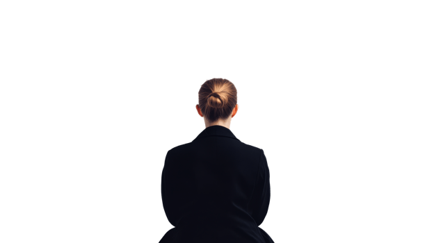 Businesswoman stands in suit with hair bun, cut out transparent png