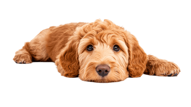 Cute golden doodle puppy resting looking, cut out transparent png