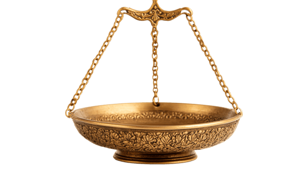 Ornate hanging bowl, golden details, on black background, cut out transparent png