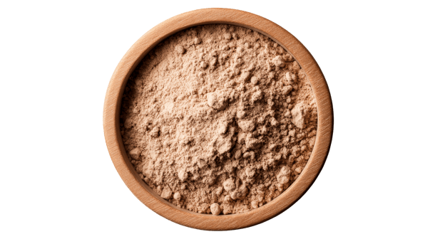 Wooden bowl of light brown powder, top view, studio shot, cut out transparent png
