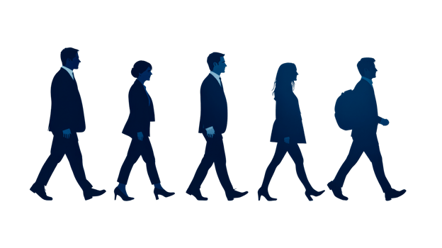 Silhouettes of business people walking in line, cut out transparent png