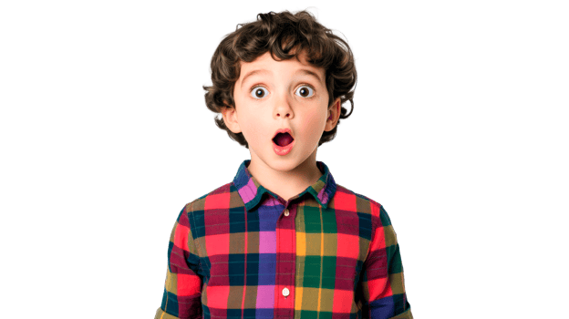 Surprised boy with curly hair looks on, mouth open, amazement, cut out transparent png