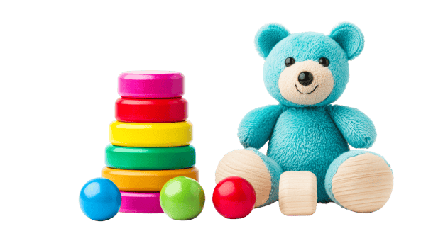 Toys with colorful stacking rings and turquoise teddy bear, cut out transparent png