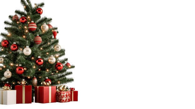 Christmas tree with gifts, festive decorations, holiday, cut out transparent png