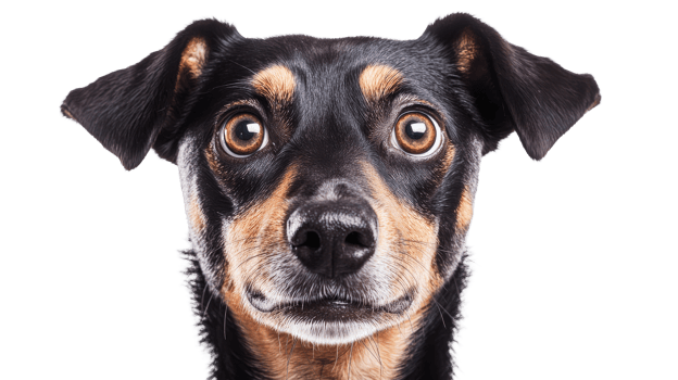 Dog portrait with attentive expression, headshot on black background, cut out transparent png