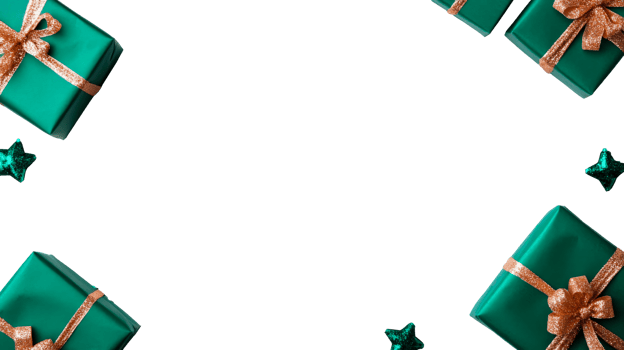 Green presents and star decorations, festive backdrop, cut out transparent png