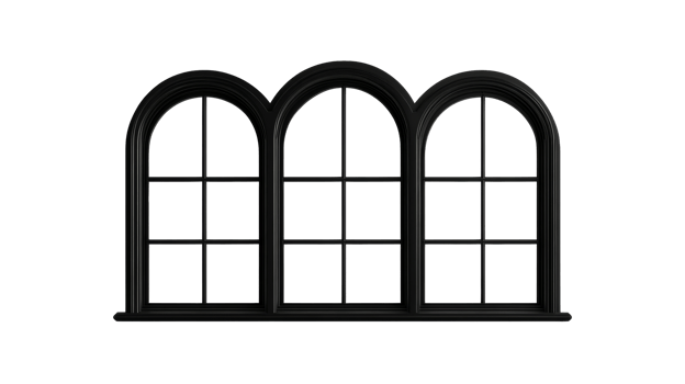 Black arched window with mullions for designs, cut out transparent png