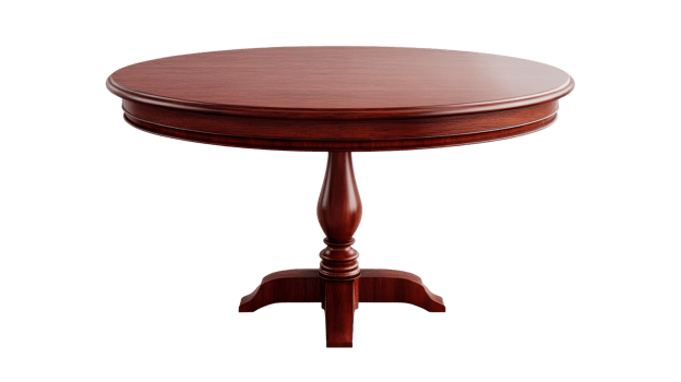 Round wooden pedestal table isolated, polished furniture indoors, cut out transparent png