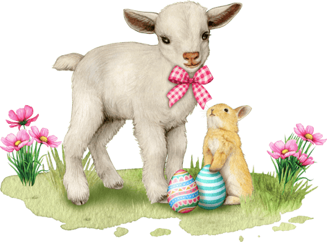 Watercolor realistic cute farm lamb with bunny and eggs png