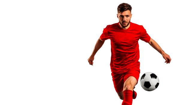 Soccer player dribbles, focused intense gaze on field, cut out transparent png