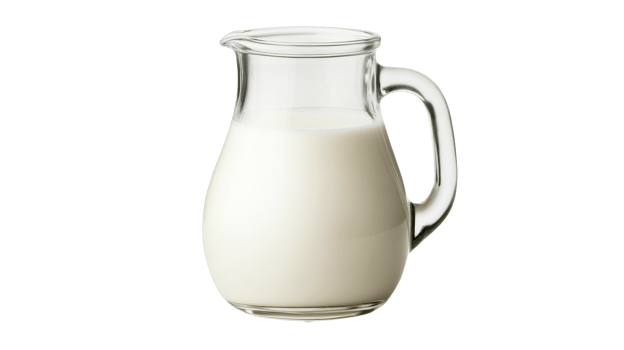 Glass pitcher with milk filling, transparent background, cut out transparent png
